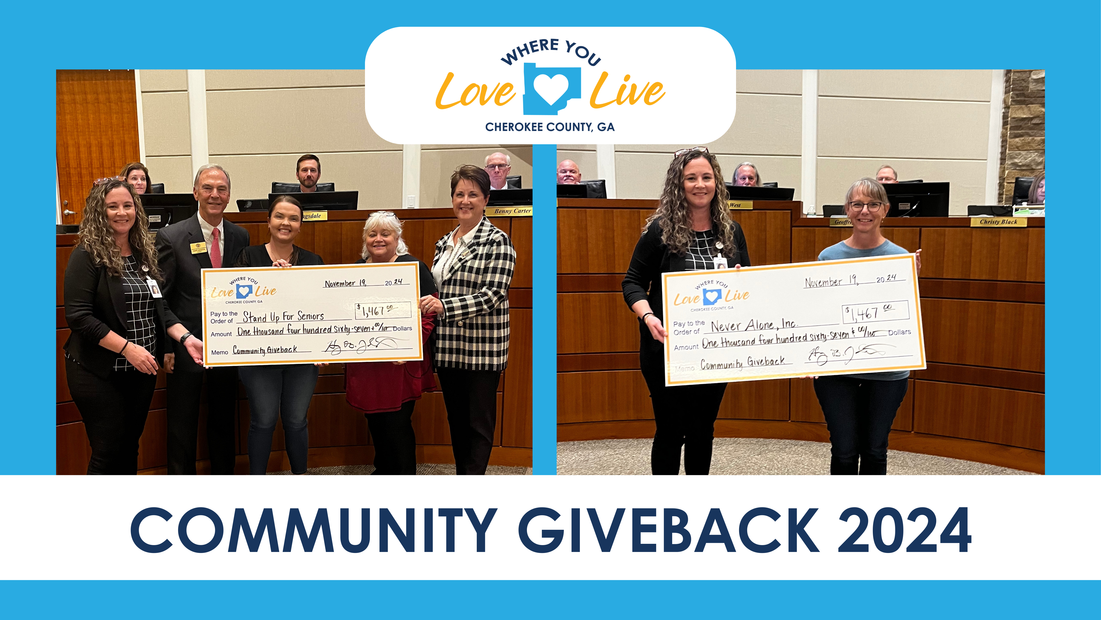two photos checks presented to non profits love where you live